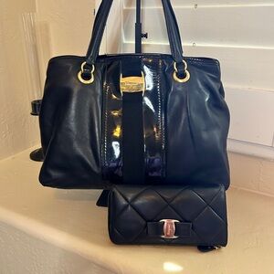 Salvatore Ferragamo Black Tote Bag with the matching wallet Gold Accents on both
